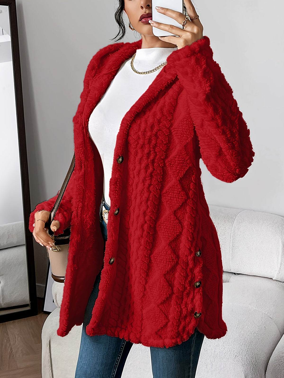 Women's Jacquard Plush Hooded Cardigan Coat – Warm Fuzzy Open Front Sweater Jacket for Autumn Winter