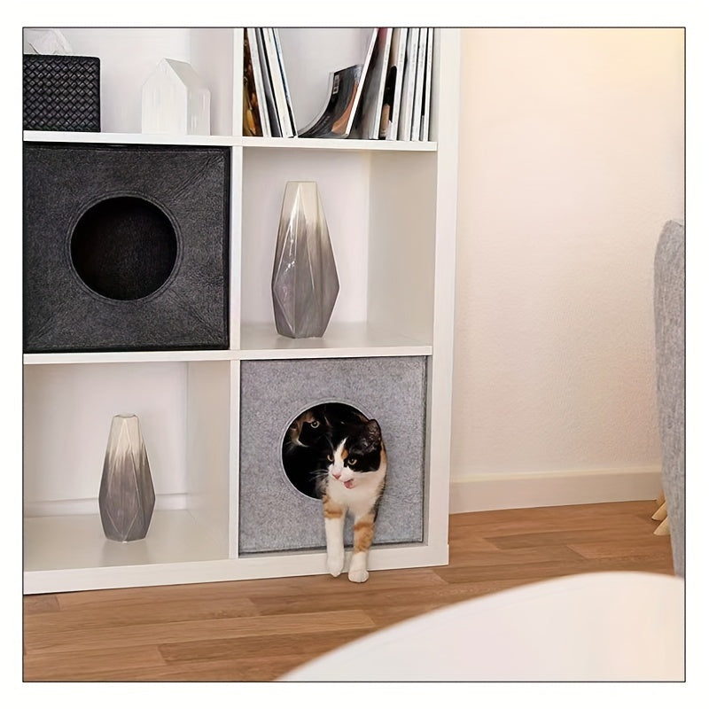 Square Felt Cat Bed Foldable Machine Washable – 3mm Thick Semi-Enclosed Cat House, Won't Collapse, All-Season Indoor Cat Cave for Sleeping & Playing, 13x14.5x13 Inch, Dark Gray & Light Grey