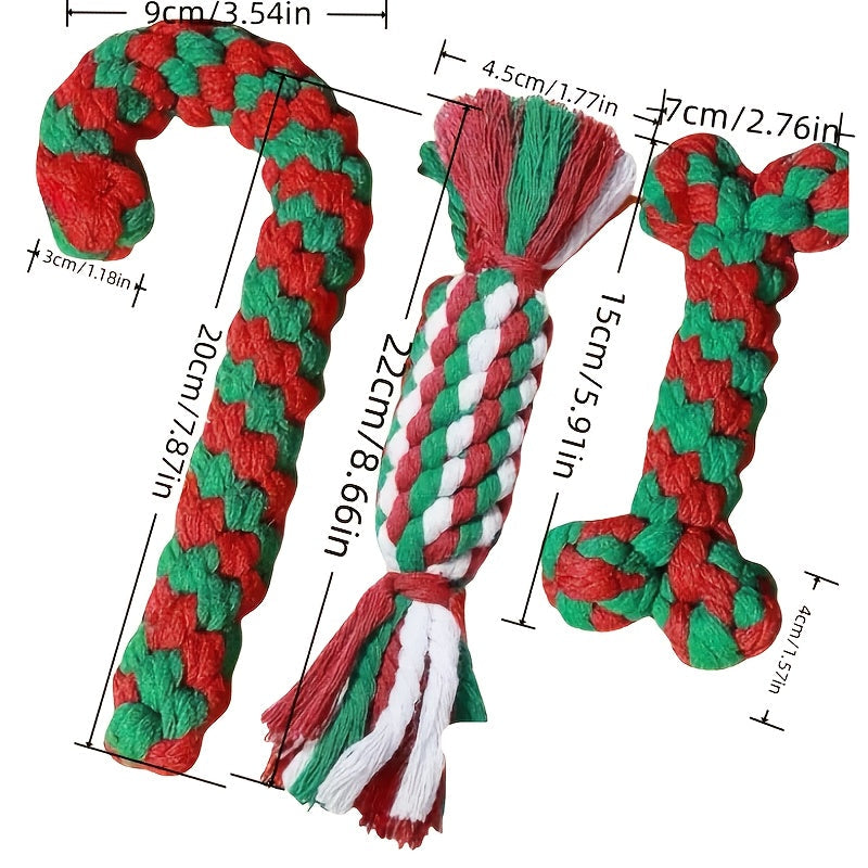 Christmas Dog Rope Toys 3-Pack – Candy Cane Shape Chew-Resistant Tug of War Rope Toy Set for Small & Medium Dogs, Durable Teeth Cleaning Knot Toys in Red, White & Green Holiday Colors