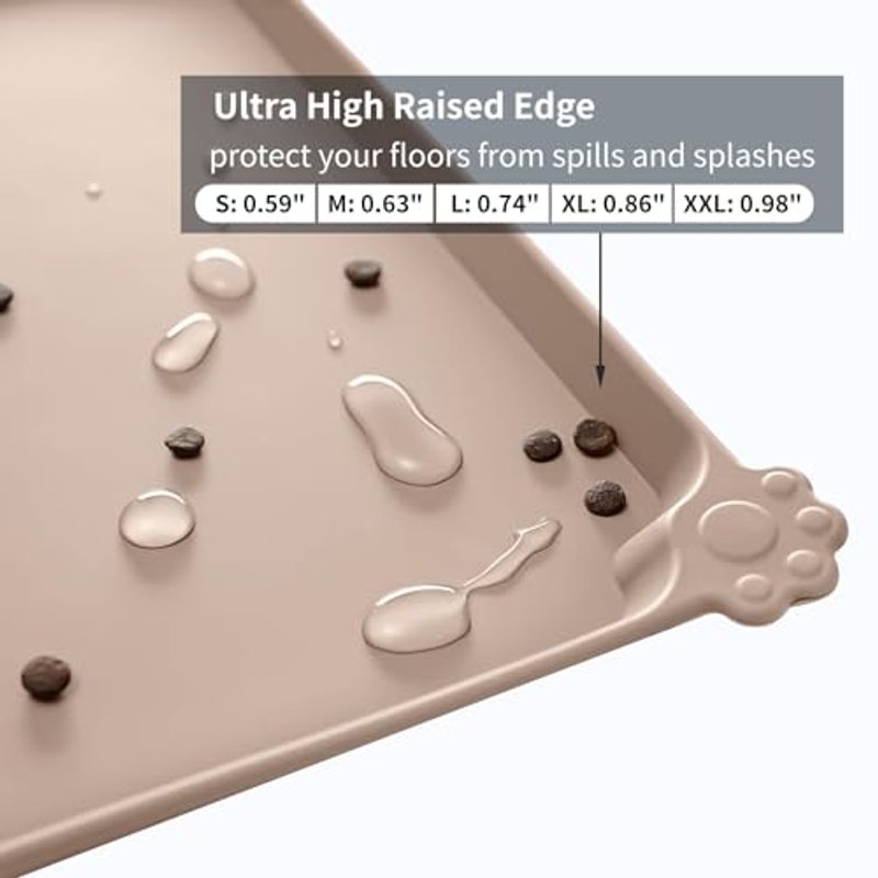 Silicone Pet Feeding Mat 18.5x11.5 Inch - Waterproof Non-Slip Dog & Cat Food Bowl Placemat, Easy-Clean Raised Edge Spill Mat for Messy Eaters, Dishwasher Safe, Taupe