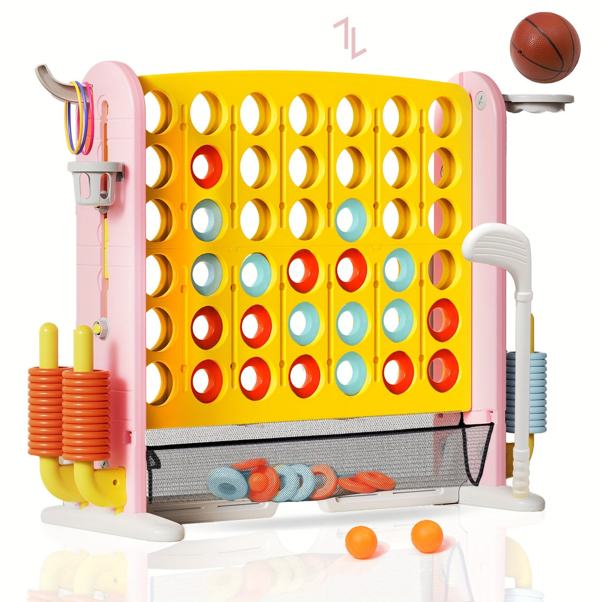 Giant 4-in-1 Outdoor Game Set Height Adjustable 2.6-3.2FT Connect Four Game with Quick Release Slider Mesh Pocket Kids Adults Backyard Party Birthday Gift Boys Girls Family Fun Yard Game