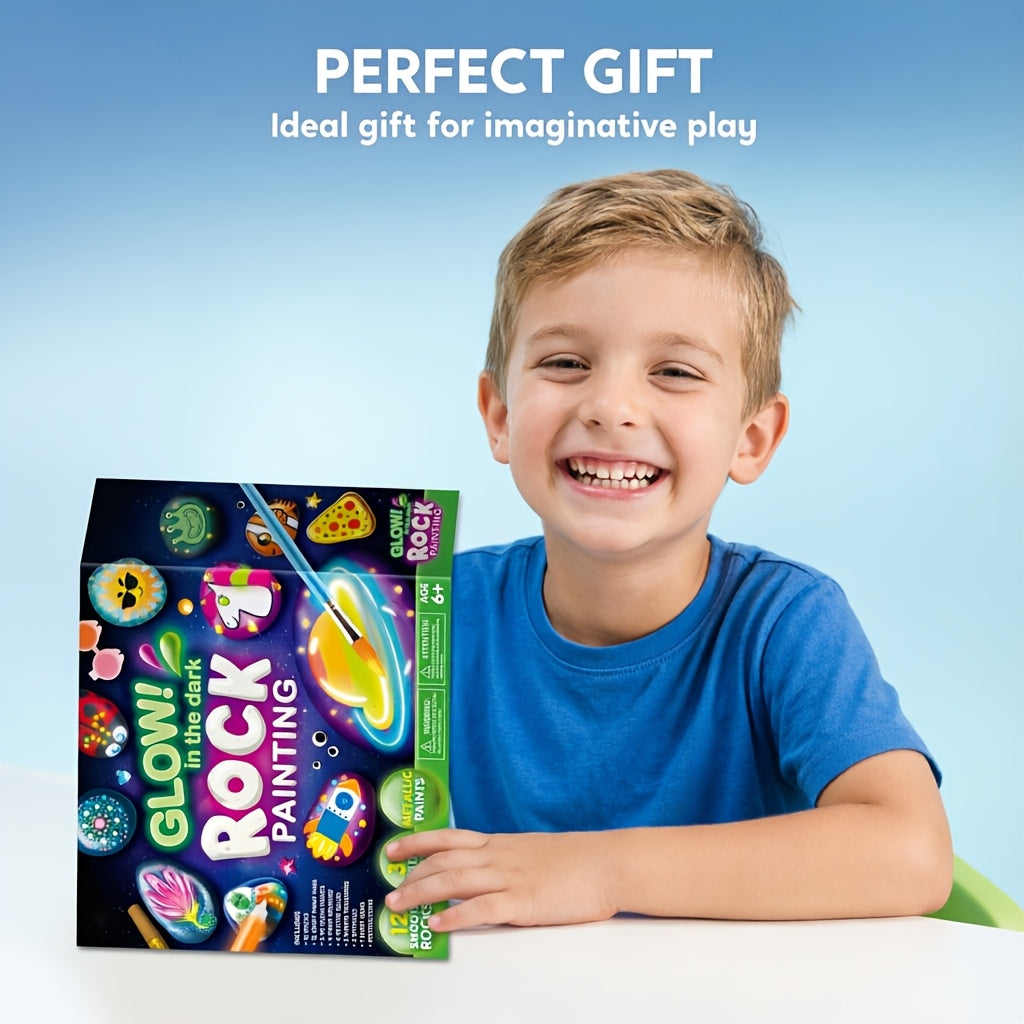 Glow in the Dark Rock Painting Kit for Kids Ages 6+ Arts and Crafts Set with 10 Rocks 6 Standard 6 Metallic 5 Glow Paints Brushes Gems Stickers Non-Toxic Birthday Easter Gift Boys Girls