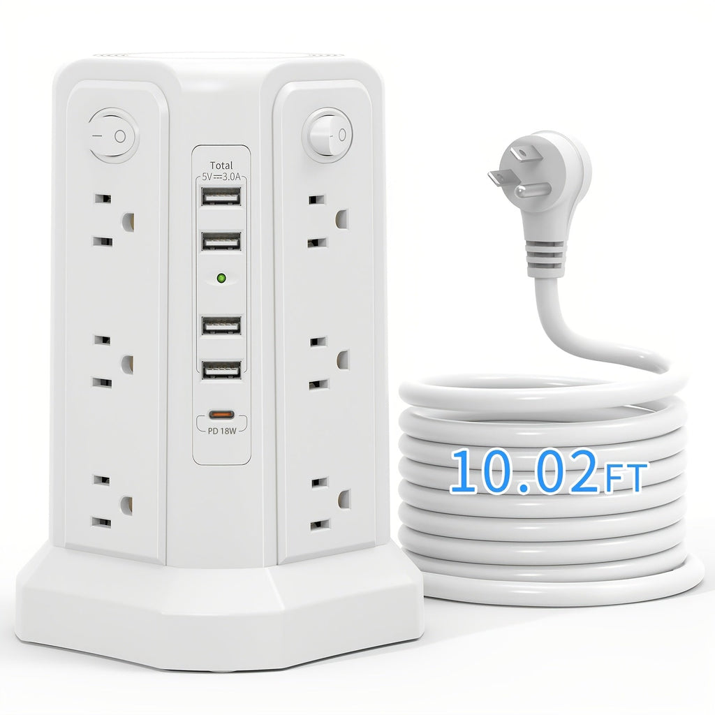 Power Strip Tower 16 AC Outlets 5 USB Ports USB-C PD20W 1500J Surge Protector Flat Plug Desktop Extension Cord