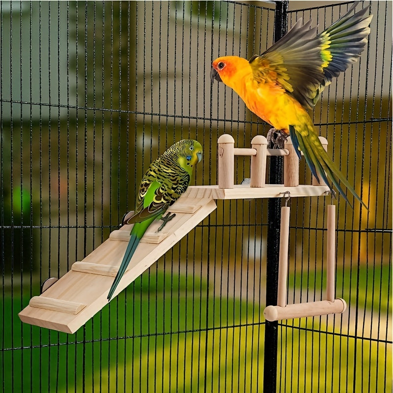 Wood Bird Perch Swing with Climbing Ladder - Multi-Level Radiata Pine Cage Gym Platform for Parrots Lovebirds Cockatiels Chinchillas Hamsters - Bird Play Stand Ladder Swing Cage Accessory