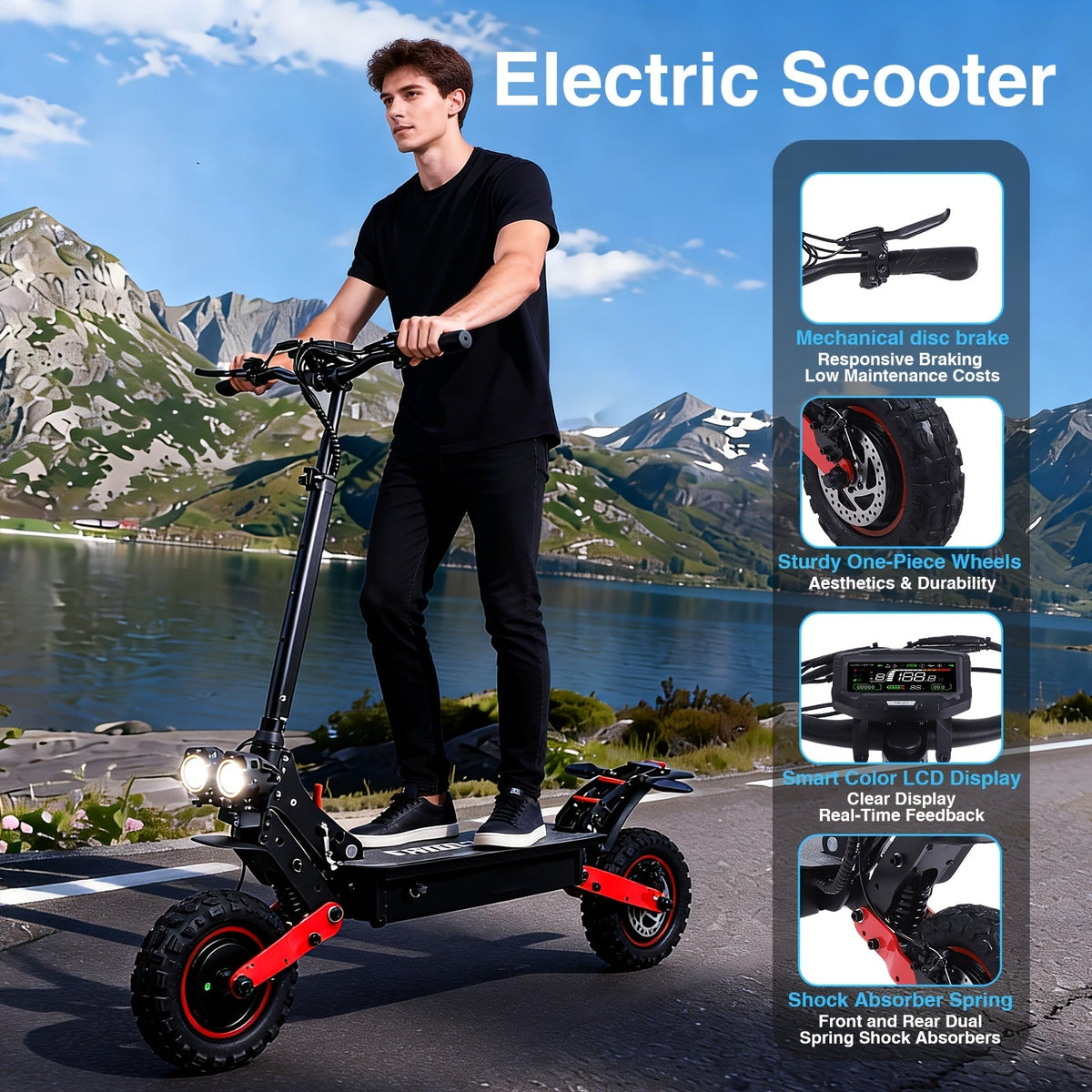 Freeboy H6 2400W Dual Motor Electric Scooter for Adults, Full Suspension 11-Inch Off-Road Tires, 48V 21Ah Long Range Battery, Double Disc Brakes, 330 Lbs Load, Foldable with LCD Screen & Dual Headlights