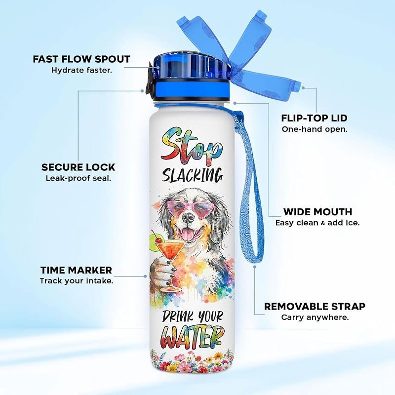 Bernese Mountain Dog Water Bottle 32oz with Time Marker & Flip Lid – Motivational Hydration Tracker Sports Bottle with Carry Strap, Reusable BPA-Free Gift for Dog Lovers
