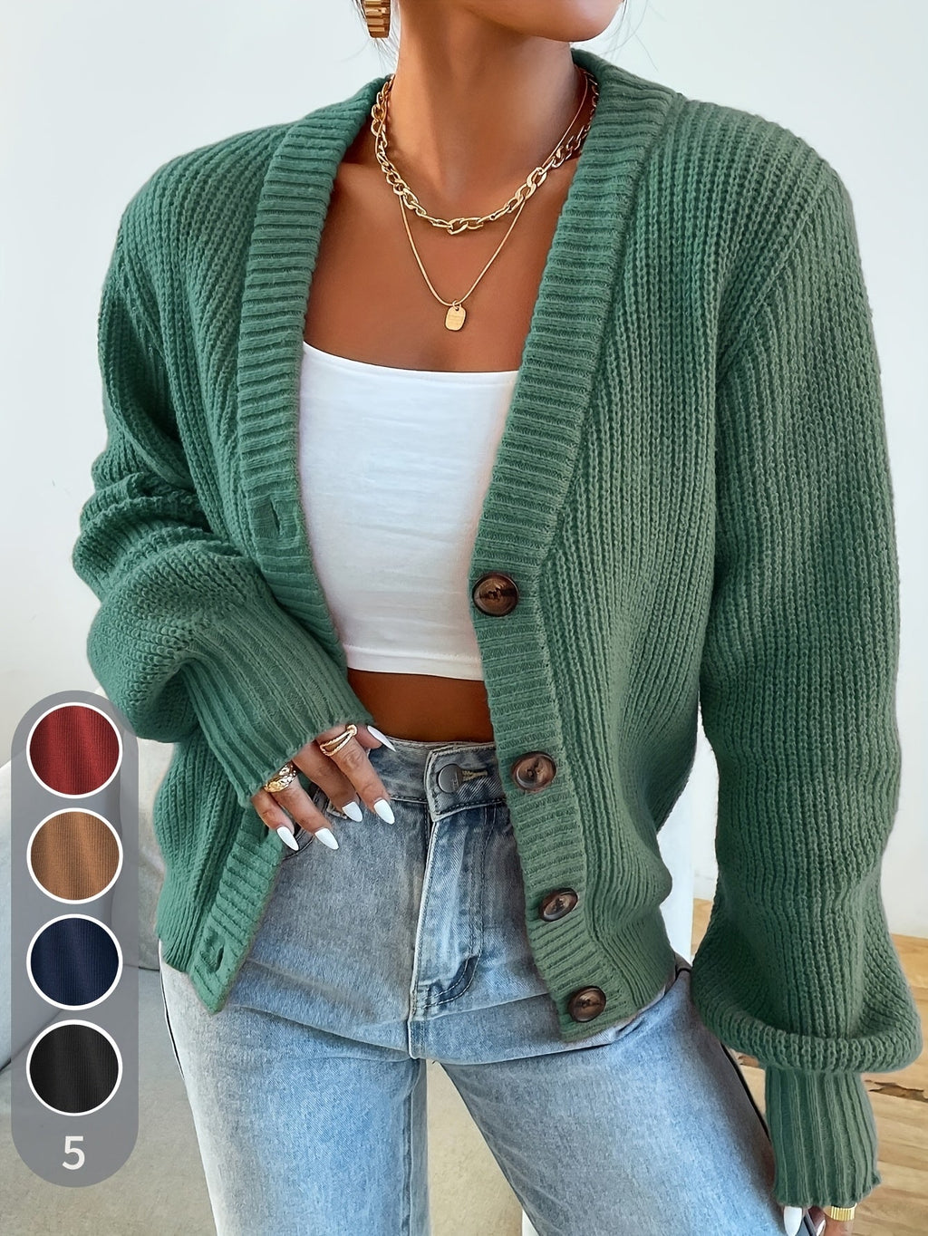 Women's Chunky Ribbed Knit Button Cardigan V-Neck Open Front - Oversized Drop Shoulder Sweater Jacket, Soft Stretchy Warm Fall Winter Cardigan in 5 Colors XS-XL