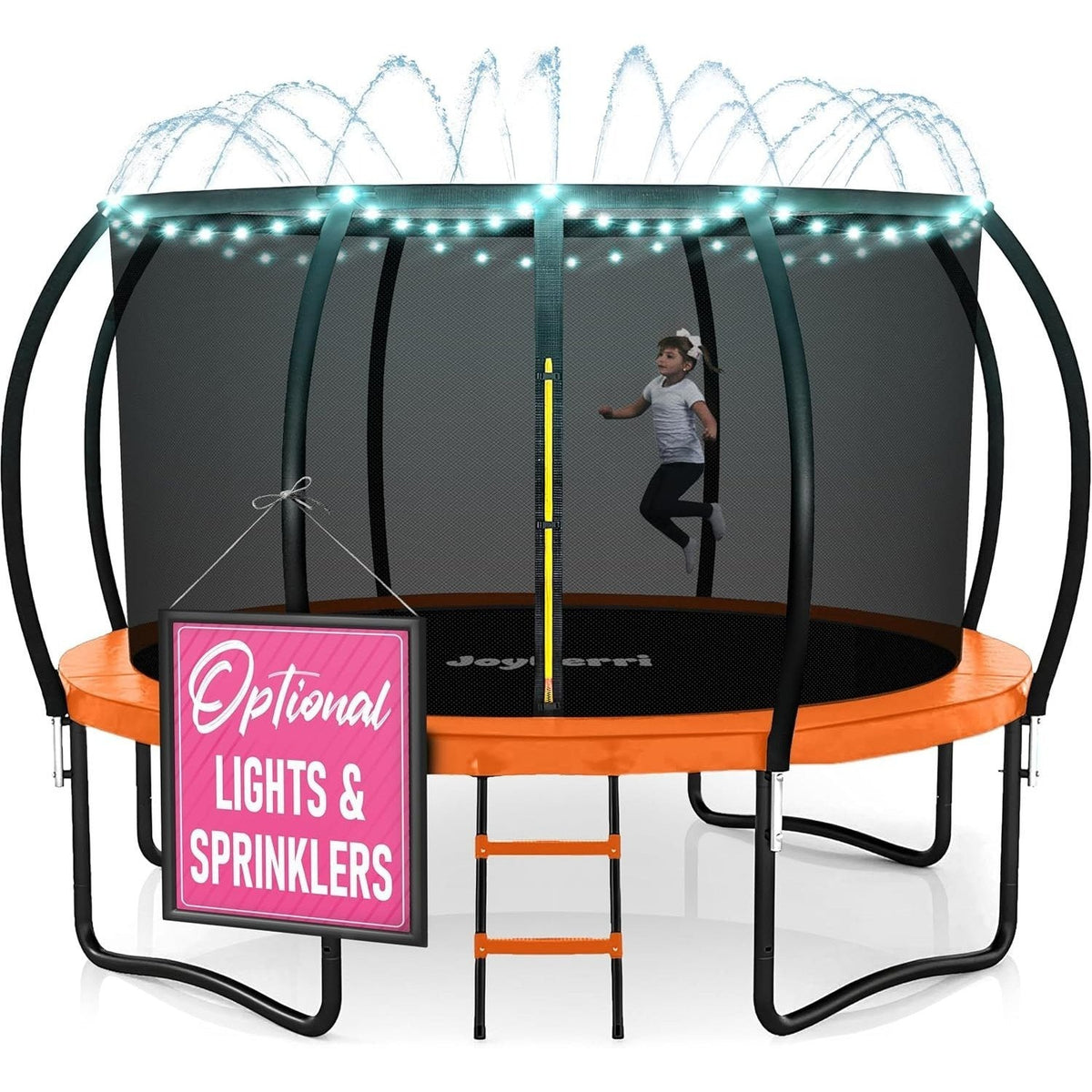 JoyBerri Outdoor Trampoline with Enclosure Net - 8FT to 16FT Backyard Trampoline for Kids & Adults, Heavy Duty Anti-Rust Frame, LED Lights, Sprinkler & Ladder Included | Family Fitness Fun Gift