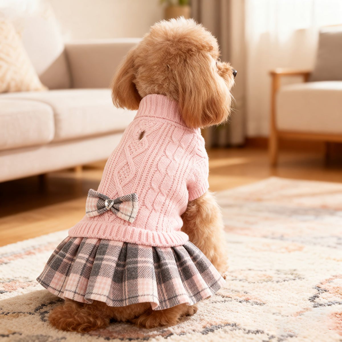 Dog Christmas Sweater Dress for Small Dogs with Bowtie Turtleneck Warm Knitted Puppy Sweater Dress with Leash Hole for Chihuahua Yorkie Havanese Bichon – Holiday Winter Dog Clothes Xmas Pet Outfit