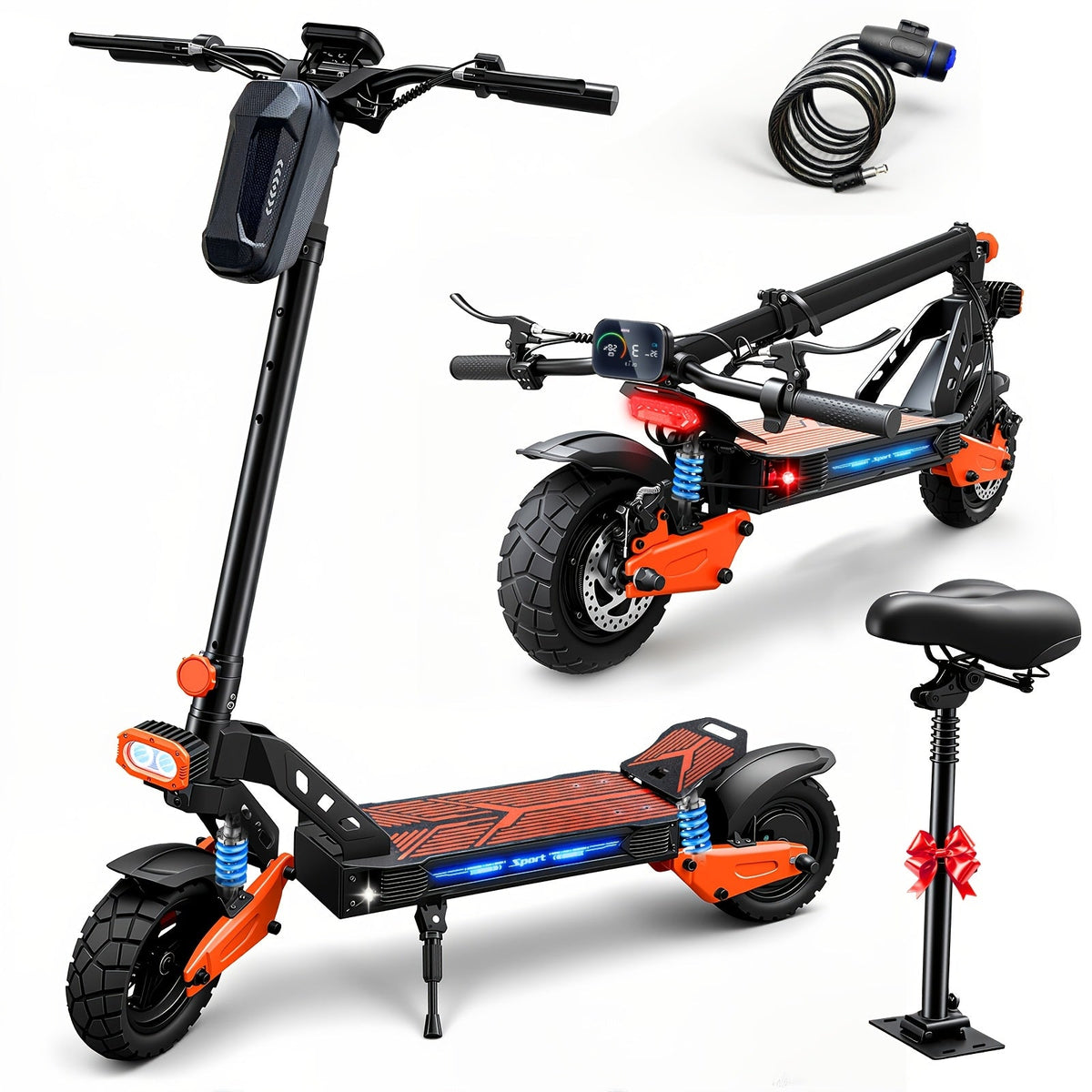 749W Electric Scooter with Seat for Adults – 27.9 MPH Top Speed, 48V 13Ah Battery 28-Mile Range, Foldable Design, Dual Shock Absorbers, Off-Road Tires, Urban Commuter & Outdoor Travel E-Scooter