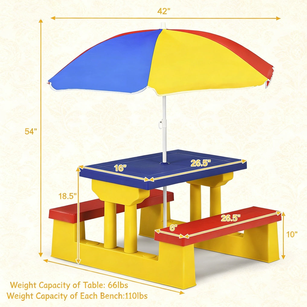 Kids Picnic Table with Removable Foldable Umbrella – 2-in-1 PP Table & Bench Set Seats 4 Children, UV Protection, Safe Rounded Edges, Indoor Outdoor Activity Table for Backyard Garden, Best Gift for Kids