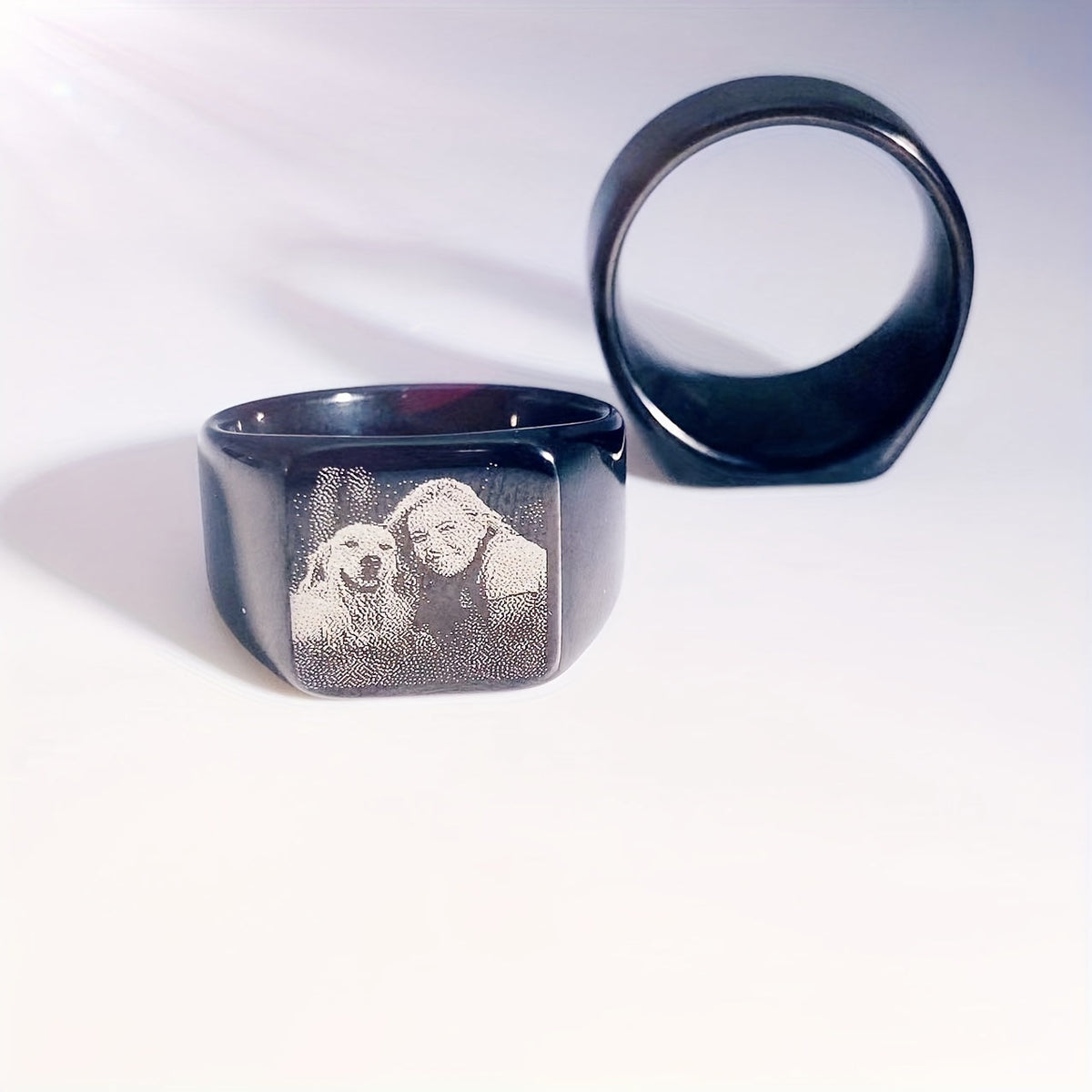 Custom Laser Engraved Dog Memorial Ring – Personalized Pet Photo Tribute Stainless Steel Square Band, Unisex Sizes 7–12, Black Finish Memorial Friendship Jewelry for Men & Women