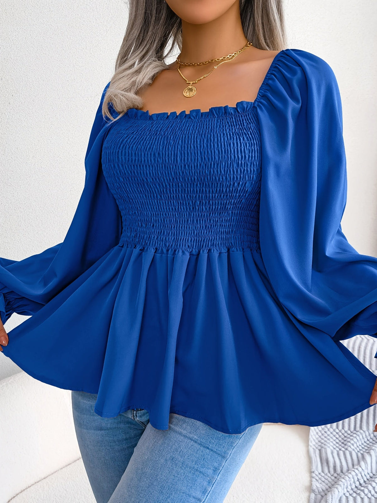 Women's Square Neck Chiffon Blouse Flutter Sleeve Ruffle Hem Top | Casual Long Flared Sleeve Solid Color Woven Polyester Shirt S M L XL