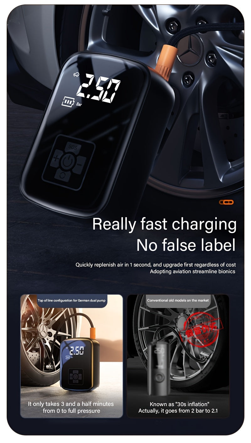 Portable Cordless Tire Inflator 150PSI Digital Display USB-C Rechargeable 4000mAh for Car Motorcycle Bike Ball