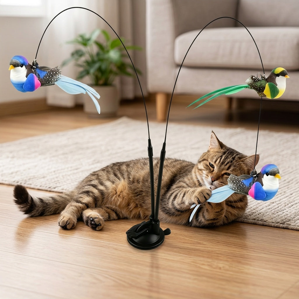 Interactive Cat Feather Bird Teaser Toy with Suction Cup Base – Hands-Free Double Rod Cat Wand Toy, Battery-Free Indoor & Outdoor Cat Toy, Non-Toxic Polyester, 2 Artificial Birds Included, Mixed Colors