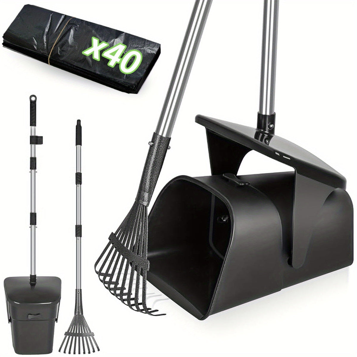 Dog Pooper Scooper Set Heavy Duty with Swivel Bin, Rake & Spade – Long Handle Pet Waste Removal Tool for Grass, Dirt & Gravel, Includes 40 Waste Bags, Great for Large Dogs