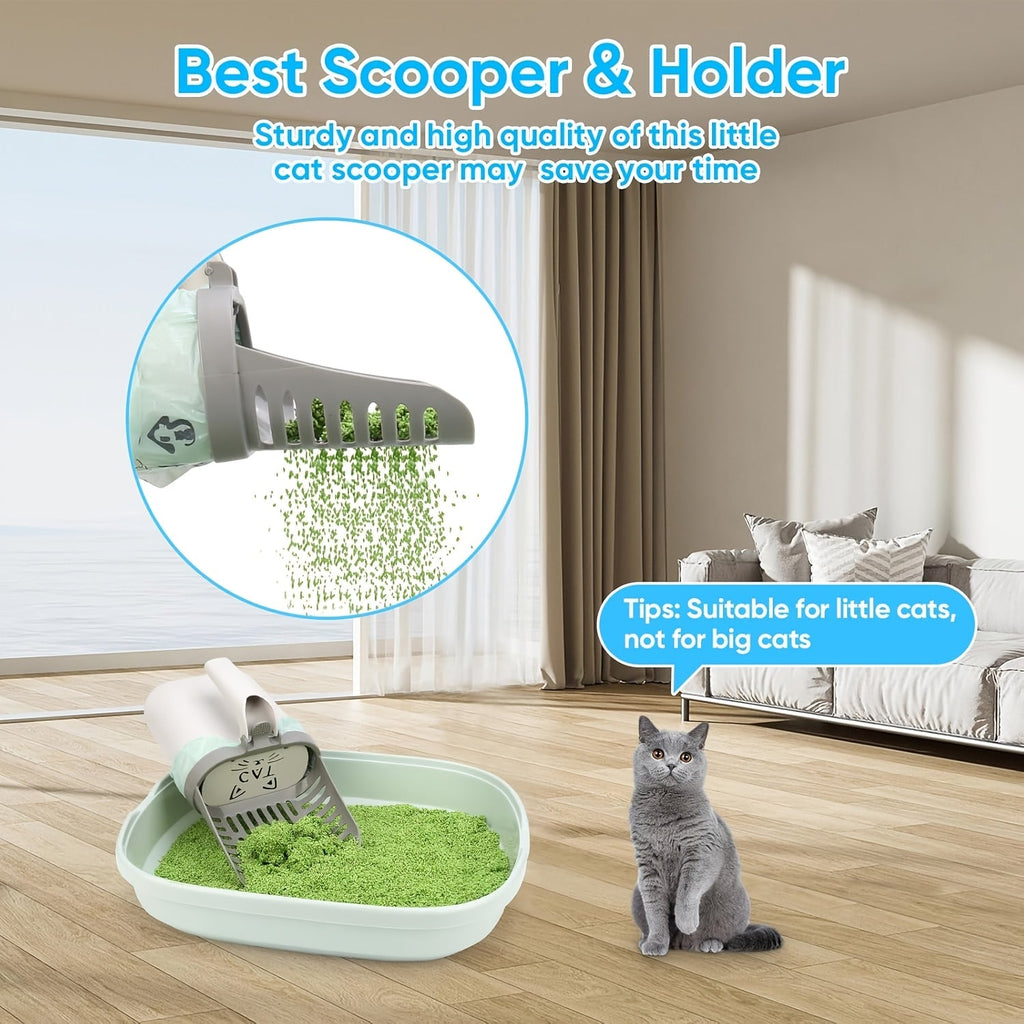 Cat Litter Scoop with Stand & Spare Bag – Large Capacity Spill-Proof Scooper, Seamless Construction, Sturdy Base, Easy Clean Waste Disposal for Multi-Cat Homes & Travel, Grey White