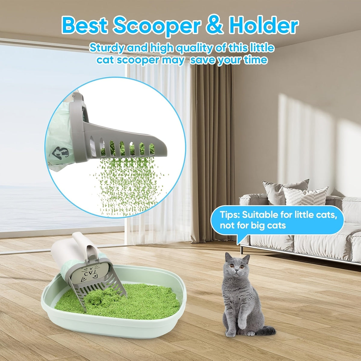 Cat Litter Scoop with Stand & Spare Bag – Large Capacity Spill-Proof Scooper, Seamless Construction, Sturdy Base, Easy Clean Waste Disposal for Multi-Cat Homes & Travel, Grey White