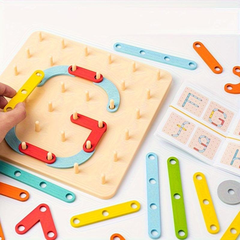 Wooden Nail Board Puzzle Toy for Kids – Creative Geoboard with Letters Numbers & Geometric Shapes, Montessori Sensory Educational Toy, Parent-Child Building Activity, Birthday Halloween Christmas Gift for Boys Girls