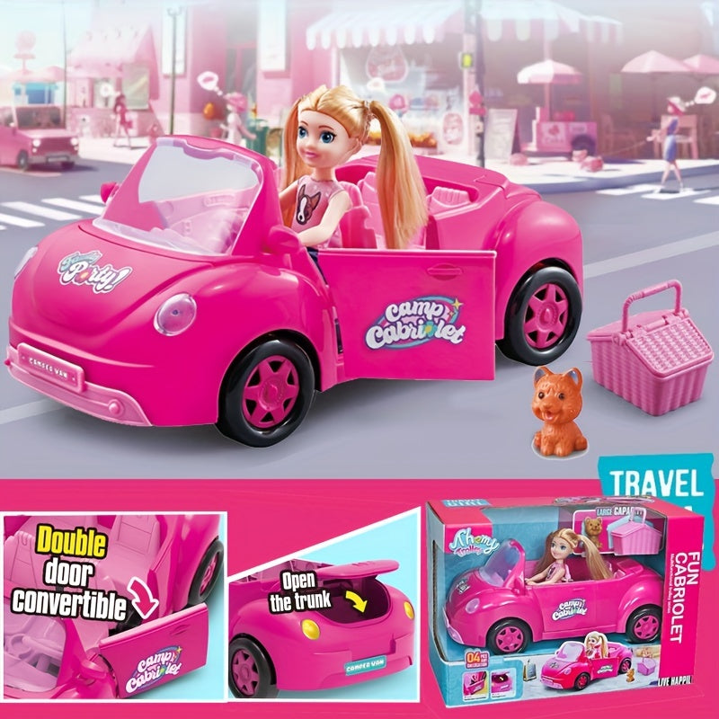 Mini Fashion Doll Convertible Cabriolet Dreamcar Playset with Pet Dog Puppy Dog House Car Model Toy Gift Set for Girls Ages 3+ Imaginative Pretend Play No Batteries