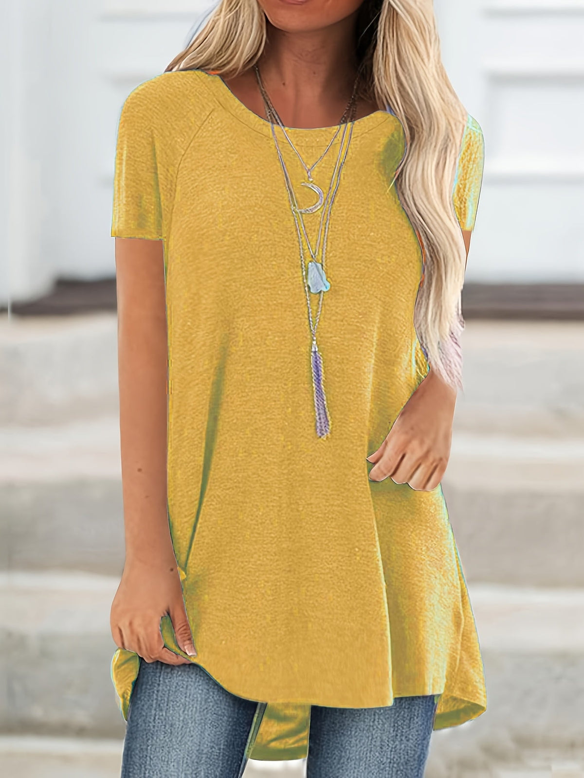 Women's Longline Raglan Short Sleeve T-Shirt – Solid Color Loose Fit Dipped Hem Knit Top in 15 Colors, 35% Viscose 60% Polyester 5% Elastane