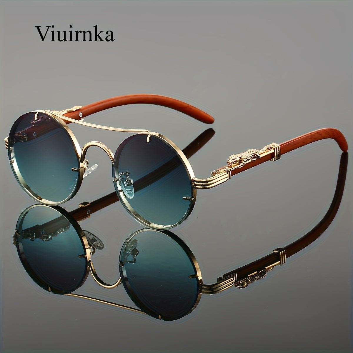 Round Metal Frame Sunglasses with Gradient PC Lenses Double Bridge Leopard Hinges Unisex Trendy Eyewear with Protection Case for Women and Men Vacation Street Style