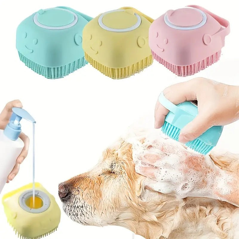 Pet Shower Bath Brush with Tick Removal Tool - Soft Massage Bristles, Ergonomic Handle & Removable Lid for Easy Cleaning, Universal Cat & Dog Bath Brush for Small to Medium Pets, Grooming Shampoo Brush for Washing & Bathing