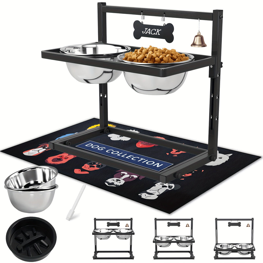 Elevated Dog Bowl Stand with Slow Feeder & Spillproof Mat - Height Adjustable 4.5"-12" Raised Dog Feeder with 2 Stainless Steel Bowls - Iron Frame Dog Bowl Stand for Large Medium Dogs Joint Health
