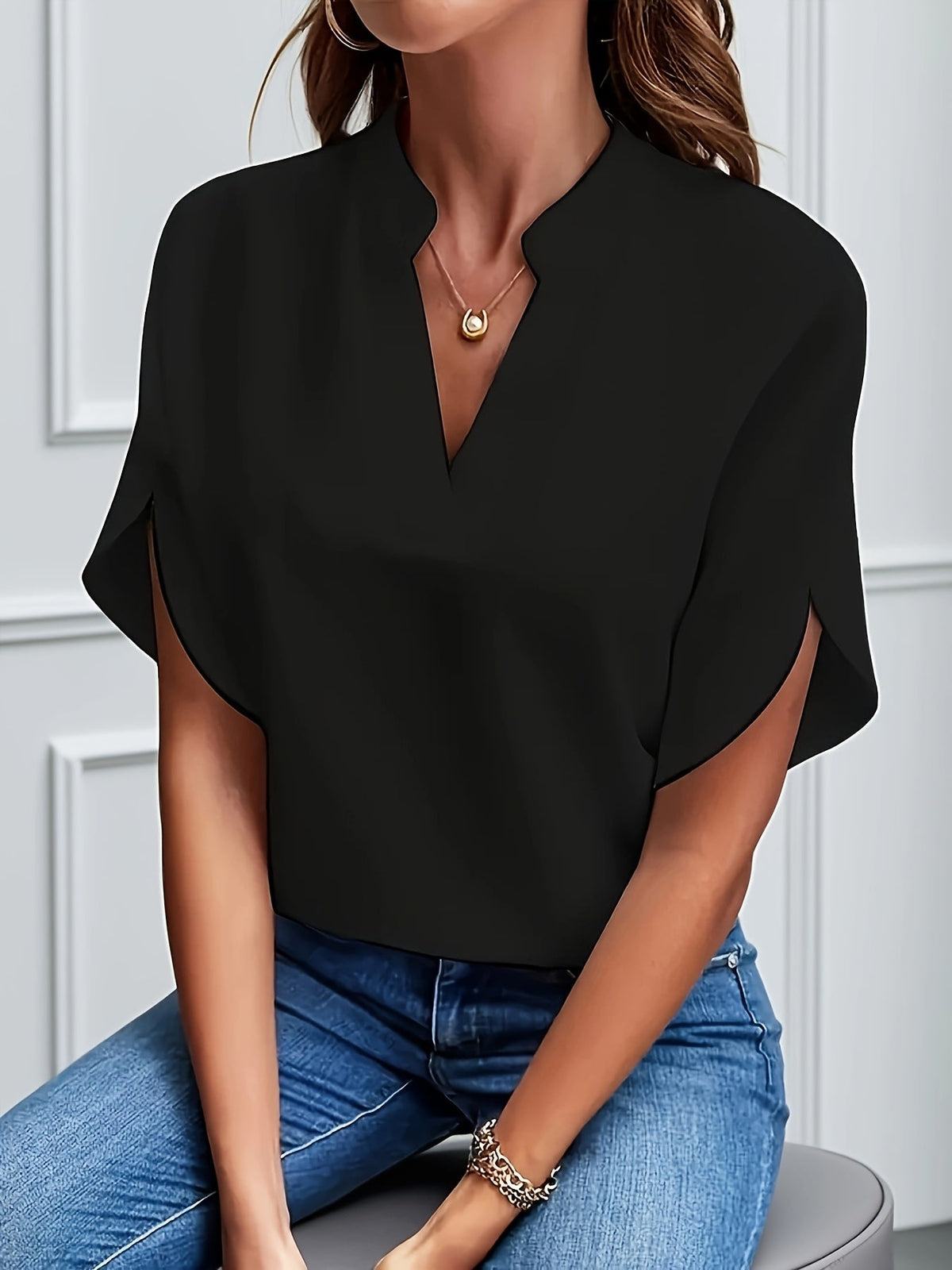 Women's V-Neck Batwing Sleeve Blouse Loose Fit Solid Color Pullover Top - Casual Commuter Style for Spring Summer Fall | Lightweight Breathable Shirt