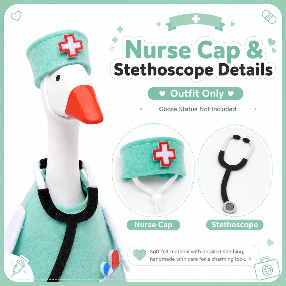 Medical Theme Mini Goose Outfit Set for 7-Inch Desktop Goose Sculpture – Felt Doctor Costume with Mint Green Hat, Stethoscope & Crossbody Bag, Funny Desk Ornament Accessory & Novelty Gift