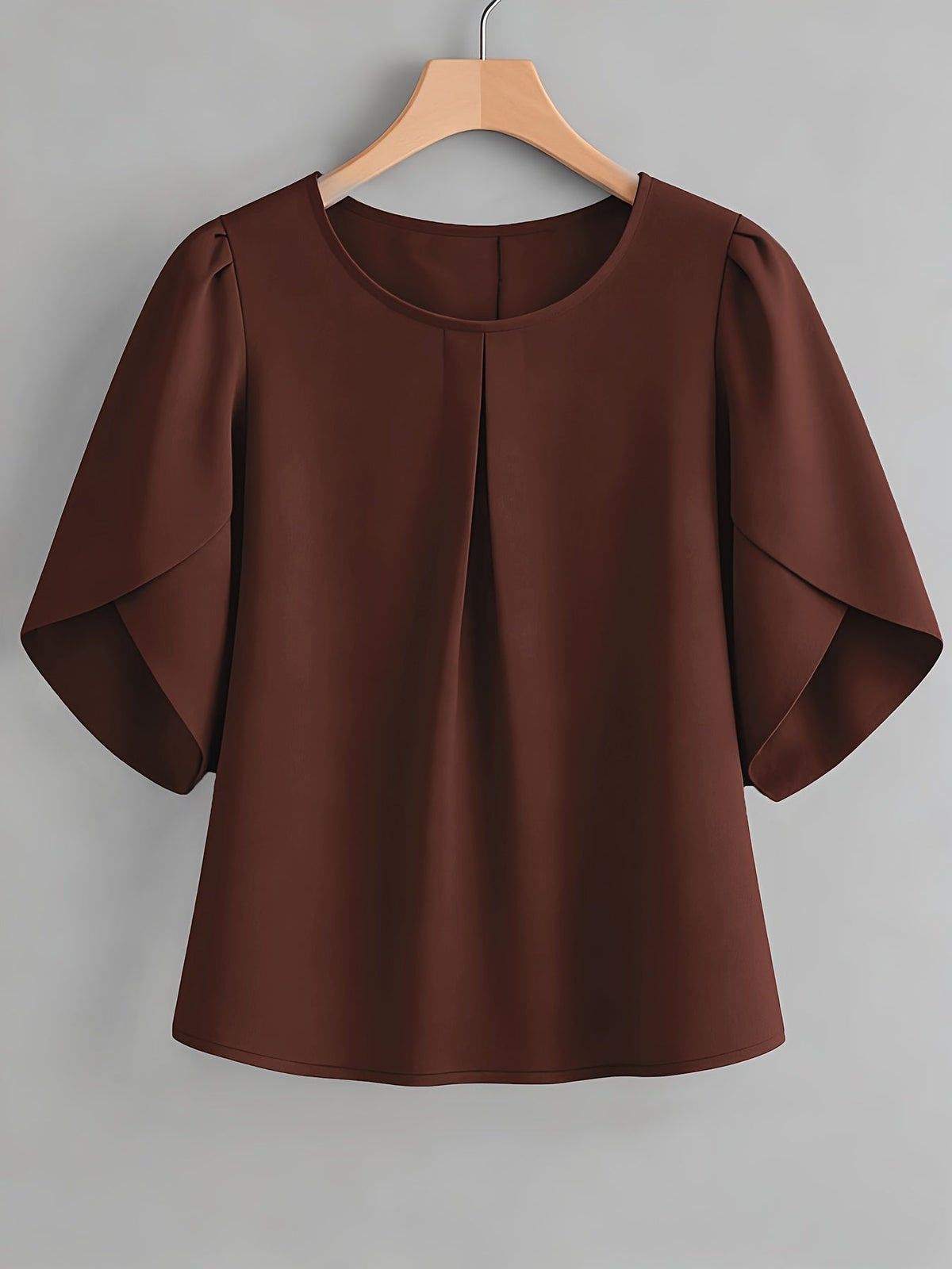 Women's Chest Pleated Ruffle Cuff Short Sleeve Blouse – Elegant Semi-Sheer 100% Polyester Woven Crew Neck Split Sleeve Fashion Shirt