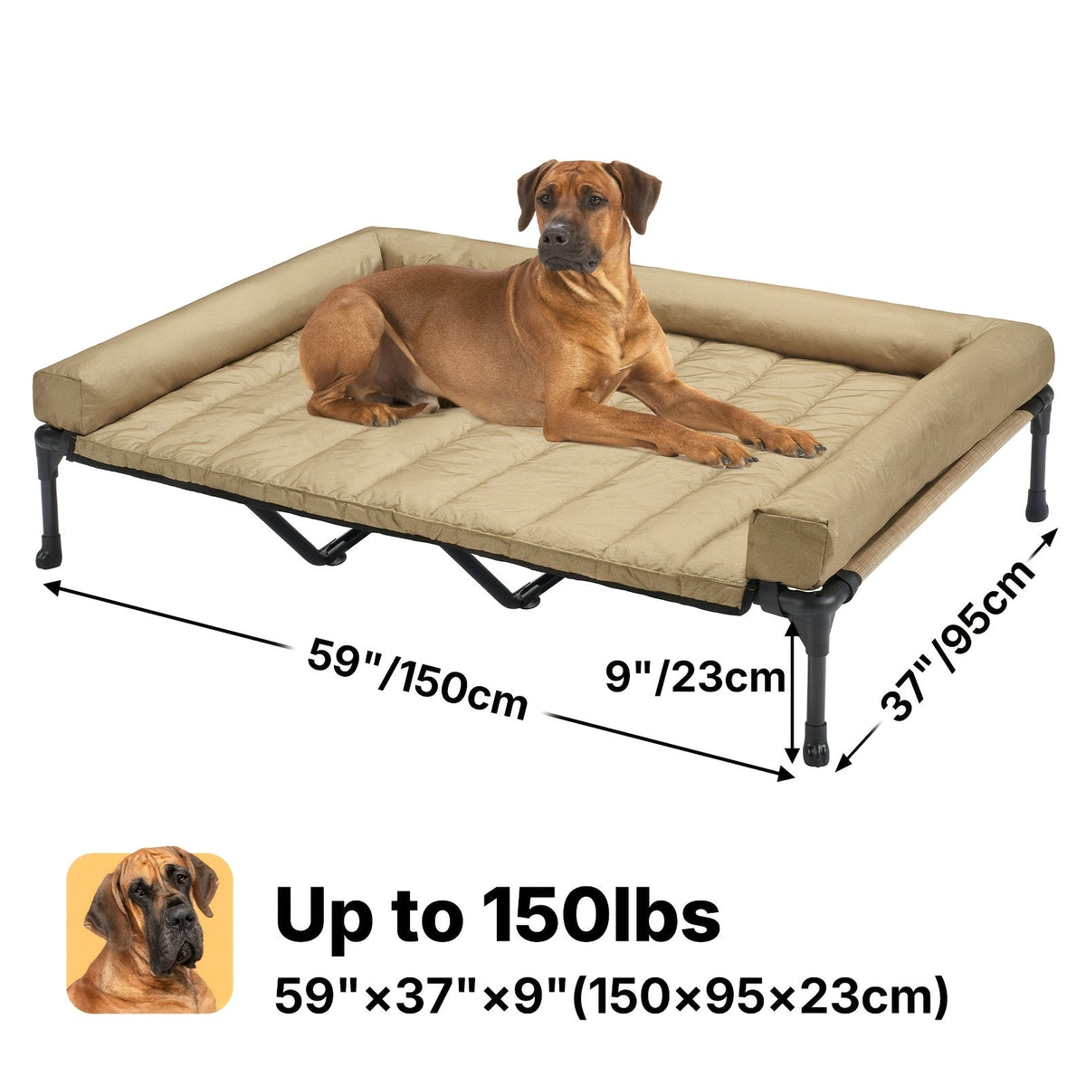 Cooling Elevated Dog Bed with Removable Pillow-Top Mat – Raised Bolster Dog Cot with Breathable Mesh Non-Slip Feet Dog Sofa Bed for Indoor & Outdoor Use