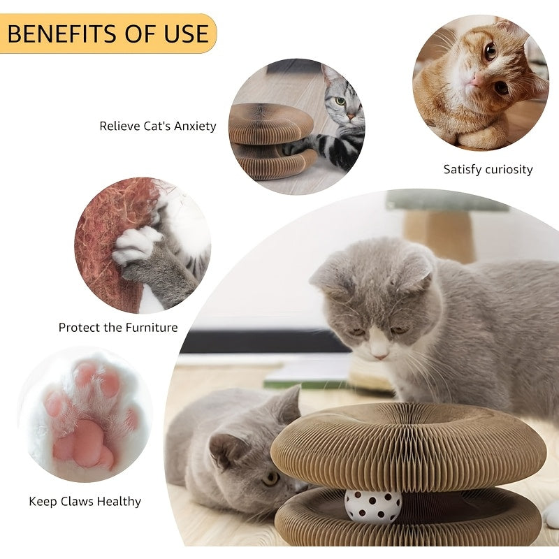 Magic Organ Accordion Cat Scratcher with Bell Ball – Interactive Cardboard Cat Scratch Board Toy, Compact Foldable Corner Design for Indoor Cats, Furniture Protector, 2 Styles