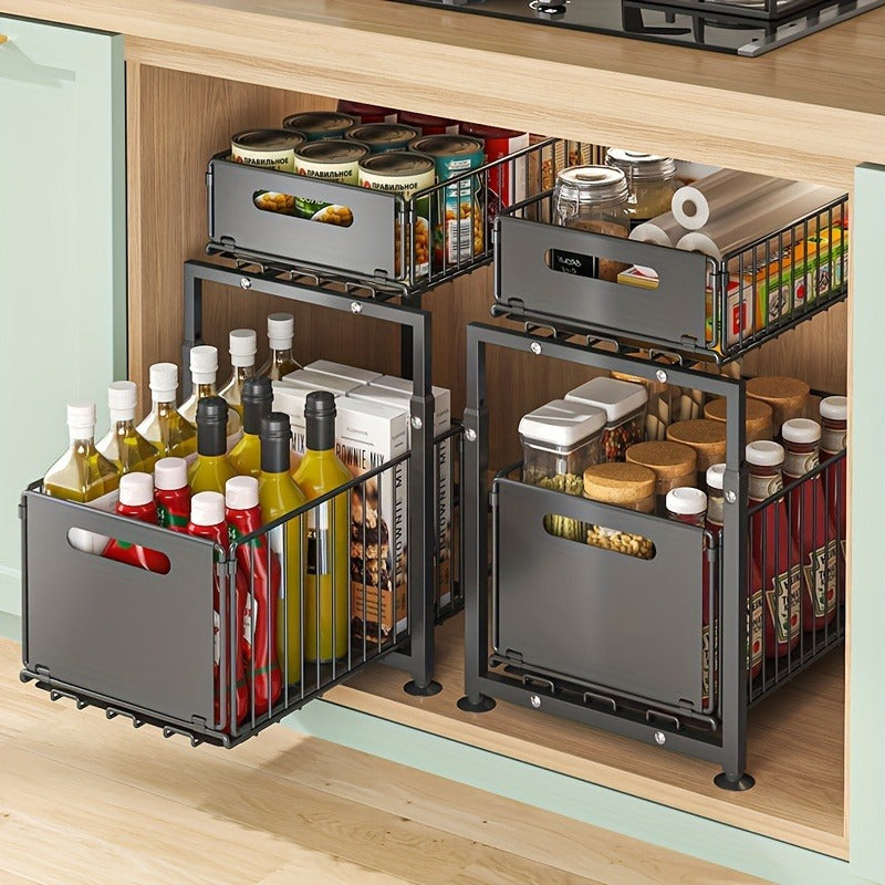 Under Sink Organizer 2-Tier Pull-Out Cabinet Shelf with Adjustable Height, Sturdy Carbon Steel Kitchen Storage Rack, Space-Saving Bathroom & Pantry Cabinet Organizer for Kitchen Organization