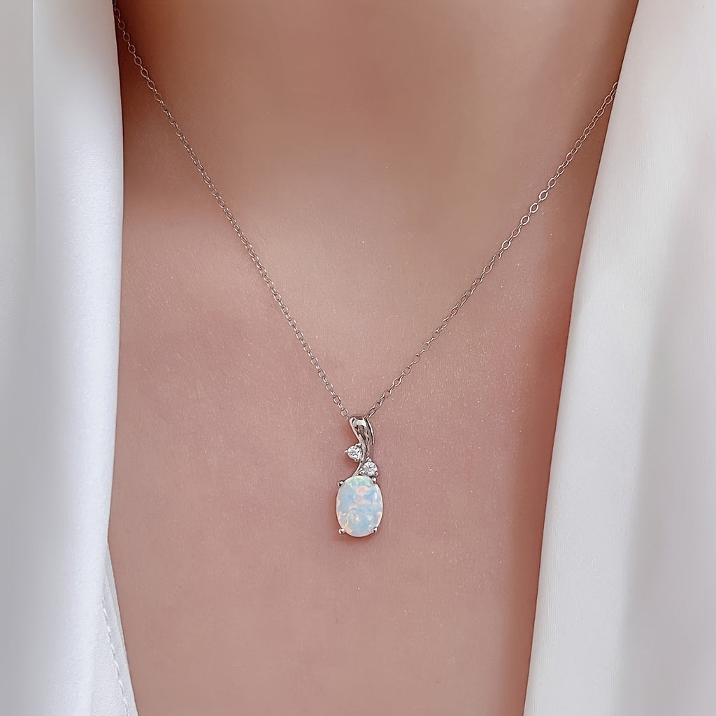 925 Silver Opal Water Drop 4pcs Jewelry Set for Women – Elegant Boho Necklace, Earrings & Ring Set, Luxury Party Jewelry with Iridescent Opal Pendant, Sizes 7-9