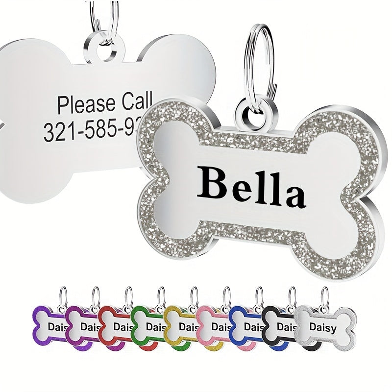 Personalized Dog ID Tag Custom Engraved Stainless Steel Pet Name Tag with Glitter Bone Design – Custom Dog Tags for Collar Ideal Gift for Dogs Puppies and Pet Owners