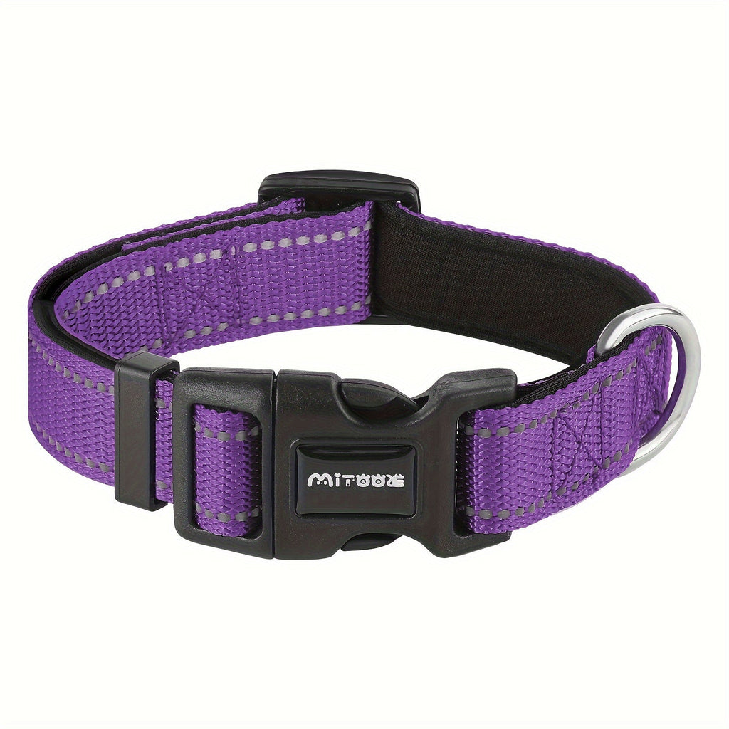 Reflective Neoprene Dog Collar with Comfort Padding - Adjustable Elastic Fit for Medium & Large Breed Dogs, Soft Padded Safety Collar for Training & Walking with High-Visibility Reflective Strip for Night Safety