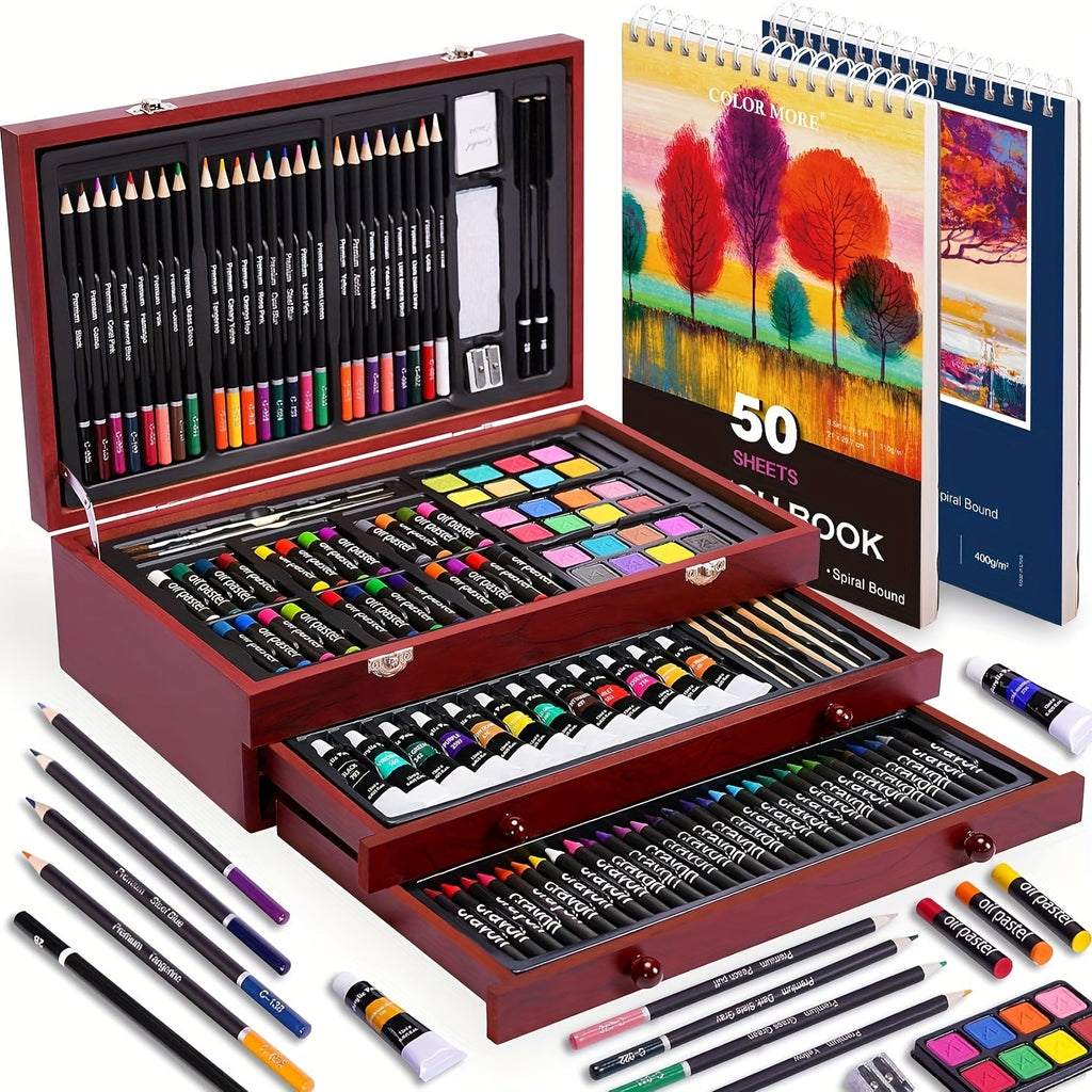 175-Piece Deluxe Art Set in Wooden Case – Complete Art Kit with Drawing Pads, Crayons, Acrylic Paints & Colored Pencils, Professional Artist Supplies Gift for Kids Teens Adults, All Occasions