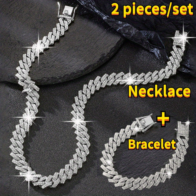 Cuban Link Necklace and Bracelet Set Rhinestone Zircon Bling Hip Hop Jewelry Set Gold Silver Rose Gold Y2K Punk Chain Set for Women Men Gift