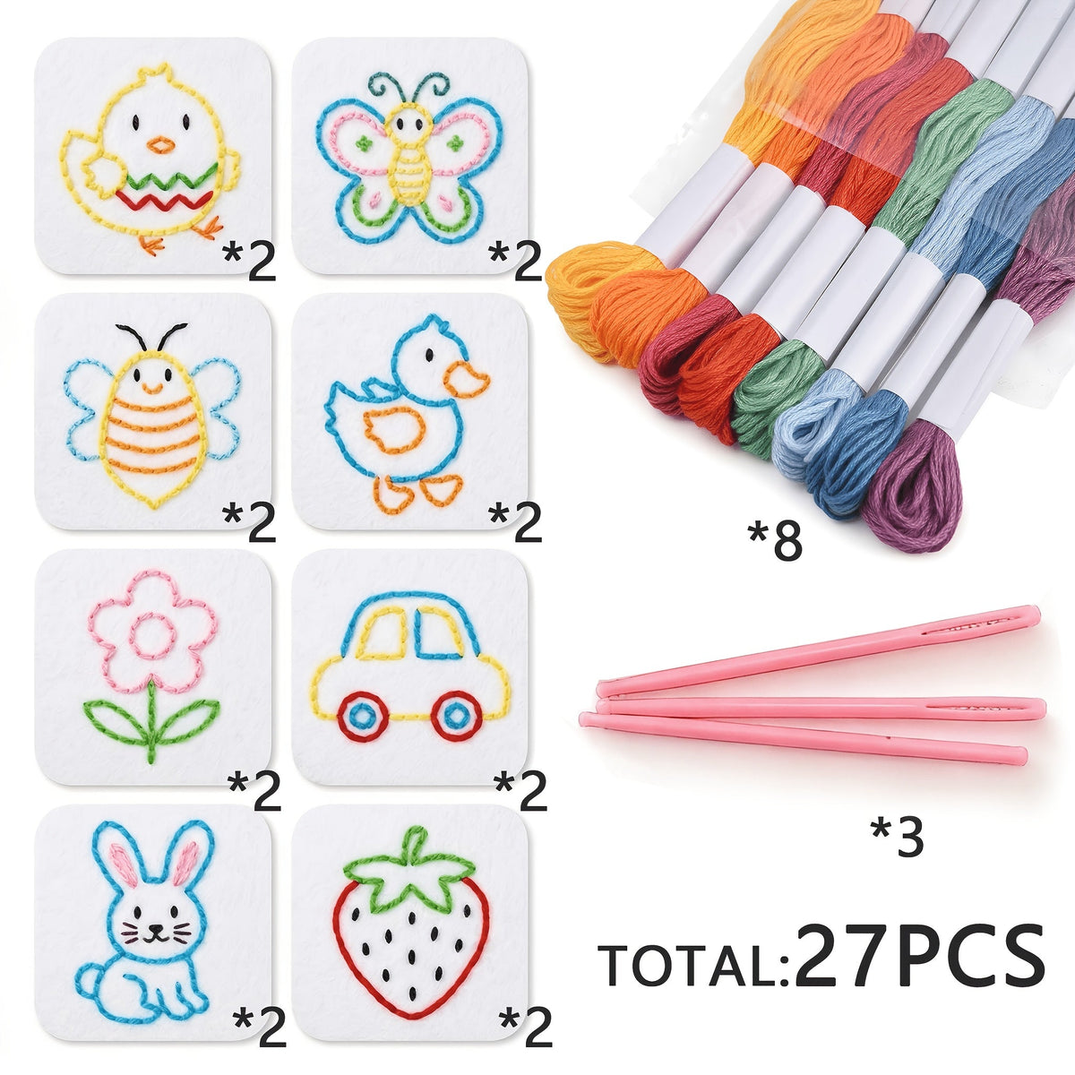 Kids Beginner Sewing Kit 27 Piece Felt Craft Set with Plastic Needles Thread Sewing Board Multi-Style Combinations Entry Level DIY Craft Activity Fine Motor Skills Gift for Girls Boys Ages 3 and Up