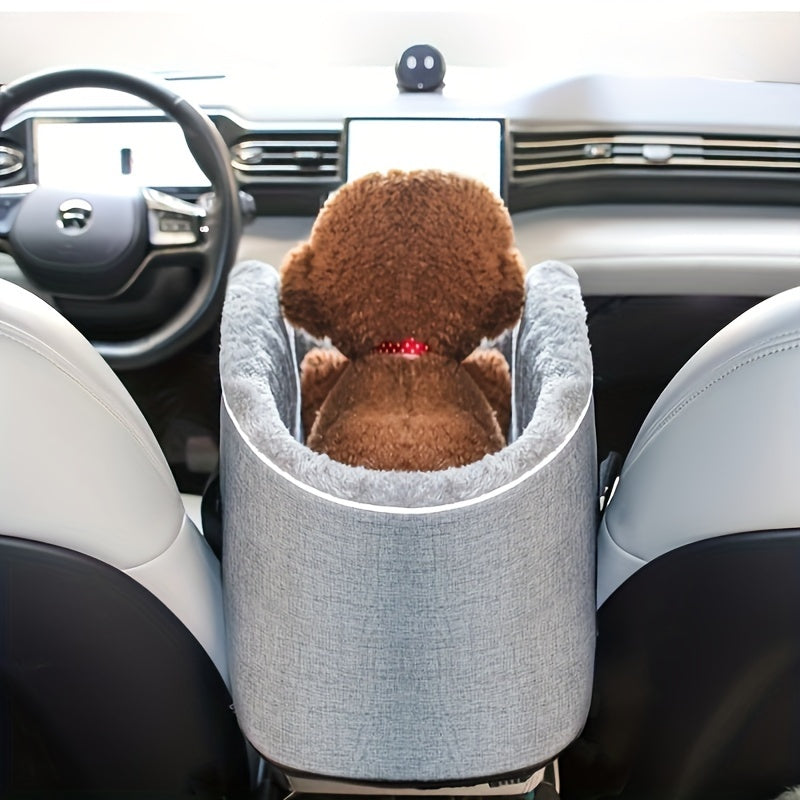 Pet Car Center Console Armrest Bed & Nest - Removable Dog Cat Car Bed with Detachable Handbag, All-Season Small Pet Carrier for Car Console, Grey & Black, Cozy Travel Companion