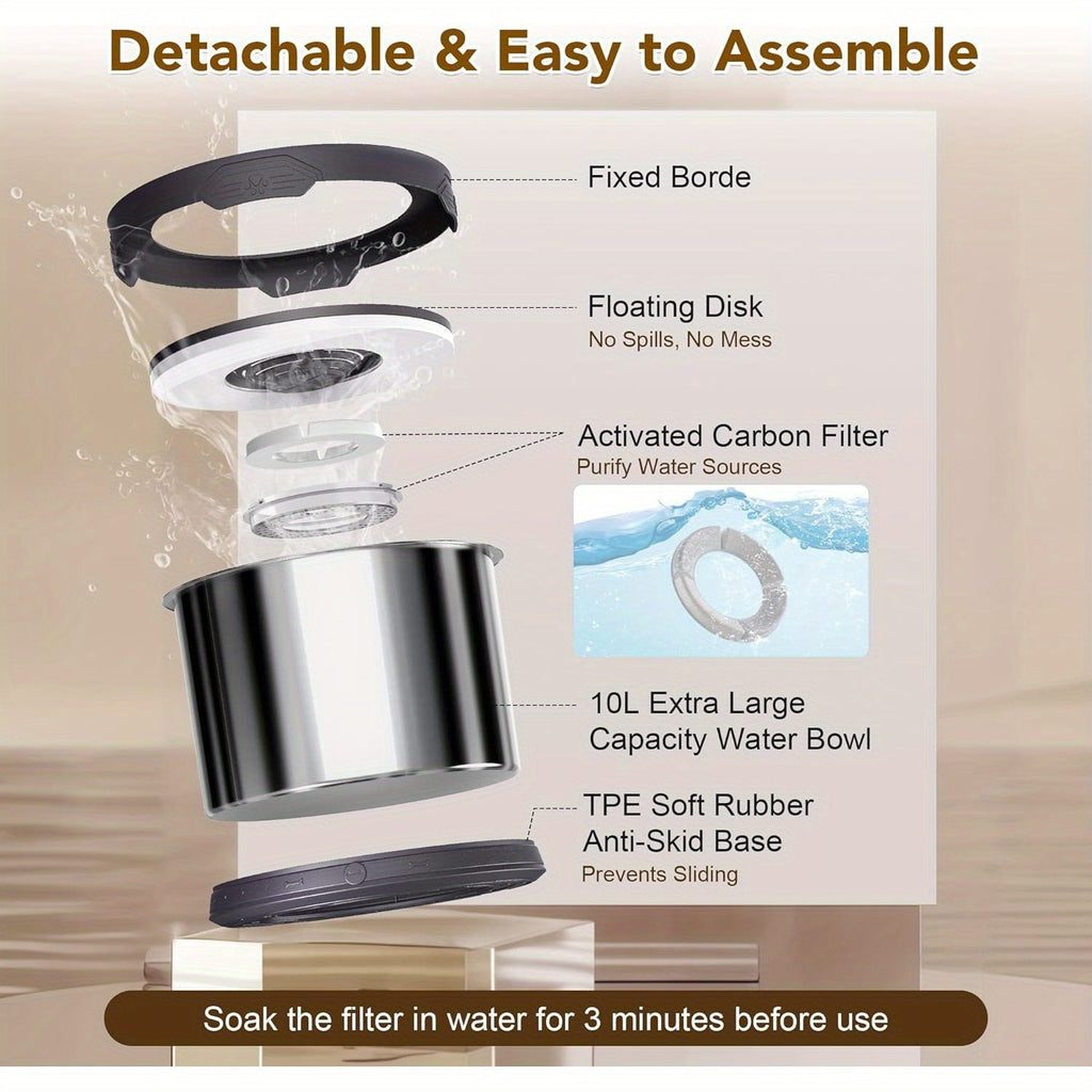 Large Dog Water Bowl 10L Stainless Steel No Spill - 2.6 Gallon Slow Drinking Anti-Splash Bowl with Floating Board, Non-Slip Base & Removable Filter for Large Dogs & Multi-Pet Homes, Indoor Outdoor