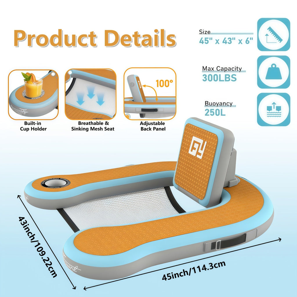 Adult Inflatable Pool Float Chair 45"×24"×6", 12mm EVA Soft Foam Mesh Seat with Built-In Cup Holder - Pool Lounger Float Bed for Lakes, Pools & Boats, Available 1pc or 2pcs