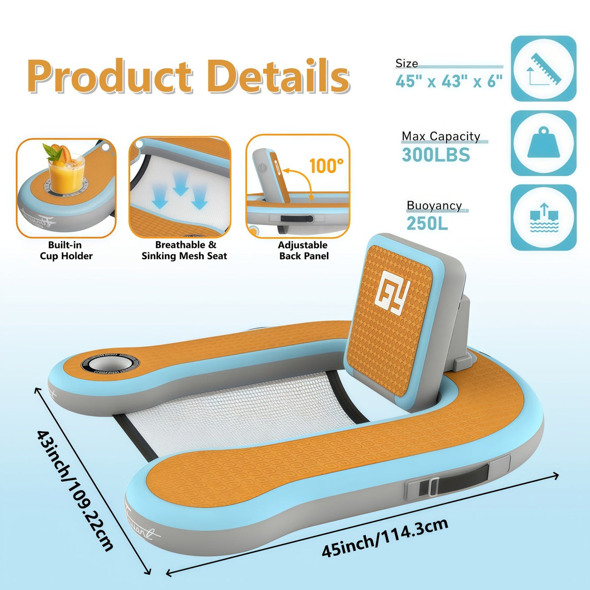 Adult Inflatable Pool Float Chair 45"×24"×6", 12mm EVA Soft Foam Mesh Seat with Built-In Cup Holder - Pool Lounger Float Bed for Lakes, Pools & Boats, Available 1pc or 2pcs