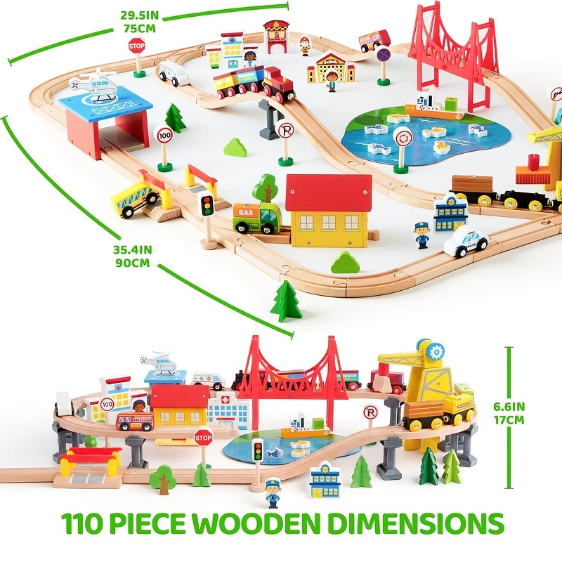 110-Piece Wooden Train Set for Kids – City Scene Railway with 6 Magnetic Trains, 5 Themed Vehicles, Helicopter, Ship & 7 City Themes – Compatible with All Major Brands – Best Birthday Christmas STEM Gift for Boys & Girls
