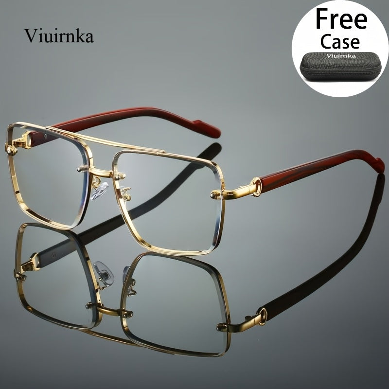 Square Retro Sunglasses for Men and Women Wood Grain Double Beam Design UV Protection Fashion Eyewear with Case for Driving Travel Beach Street Photography Holiday Gift 7 Color Options