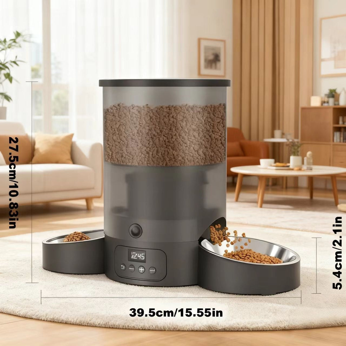Automatic Cat Feeder 3L Dual Bowl – 102.5oz Timed & Portion-Controlled Pet Food Dispenser for Cats & Dogs, 1-6 Meals Per Day, Anti-Clog Push-Button, Battery Operated, Black