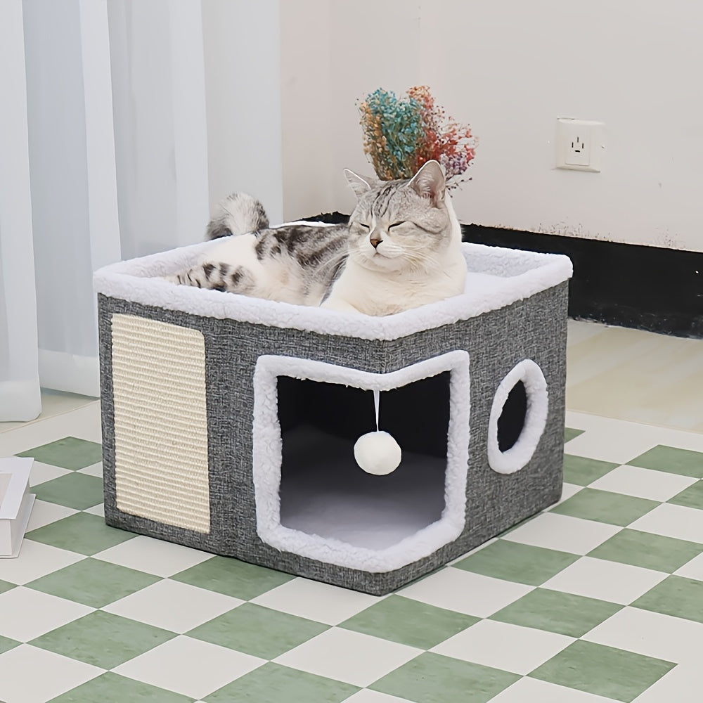 Foldable 2-Tier Cat House with Scratching Post, Plush Hanging Ball & Tunnel – Indoor Cat Cube Bed, Nylon Frame Canvas Construction, Space-Saving 16.5x16.5x13 Inch Design for Small Spaces