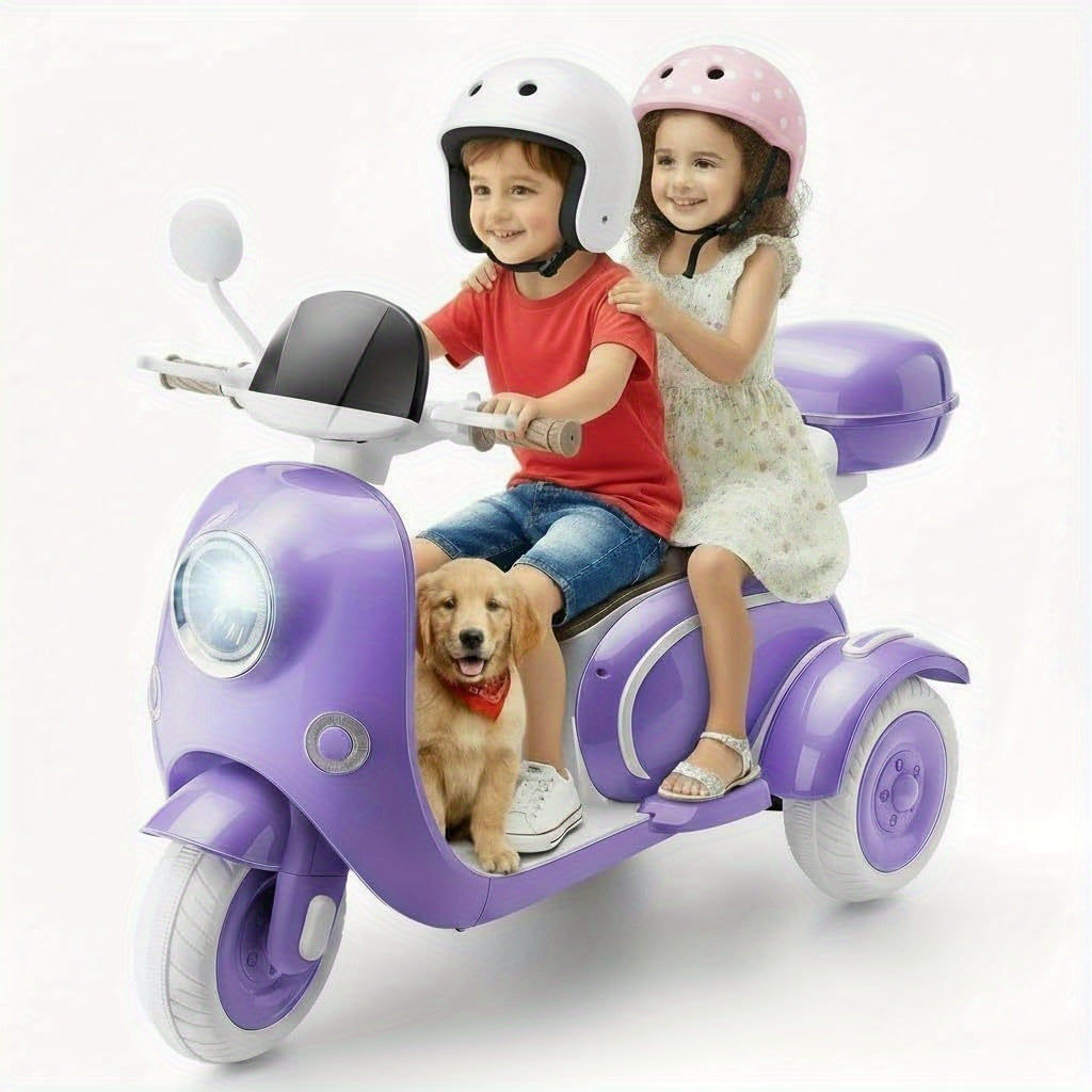 12V Kids Ride-On Motorcycle 3-Wheel Moped 2-Seater Electric Car with Dual Motor, Horn, LED Lights, Large Storage Box – Battery Powered Bike for Boys Girls Ages 3-8, Best Christmas Birthday Gift