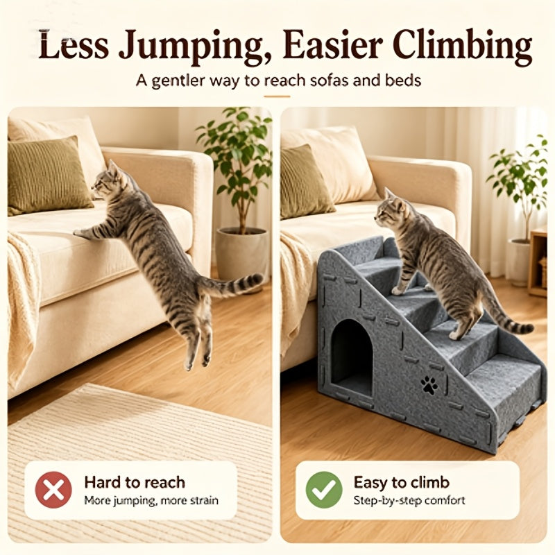 3-in-1 Pet Stairs 4-Step Multifunctional Dog & Cat Ladder - Detachable Felt Ramp with Non-Slip Wide Deep Steps, Converts to Cat Bed & Scratching Board, Durable Sofa Step Stool for Small Medium Dogs